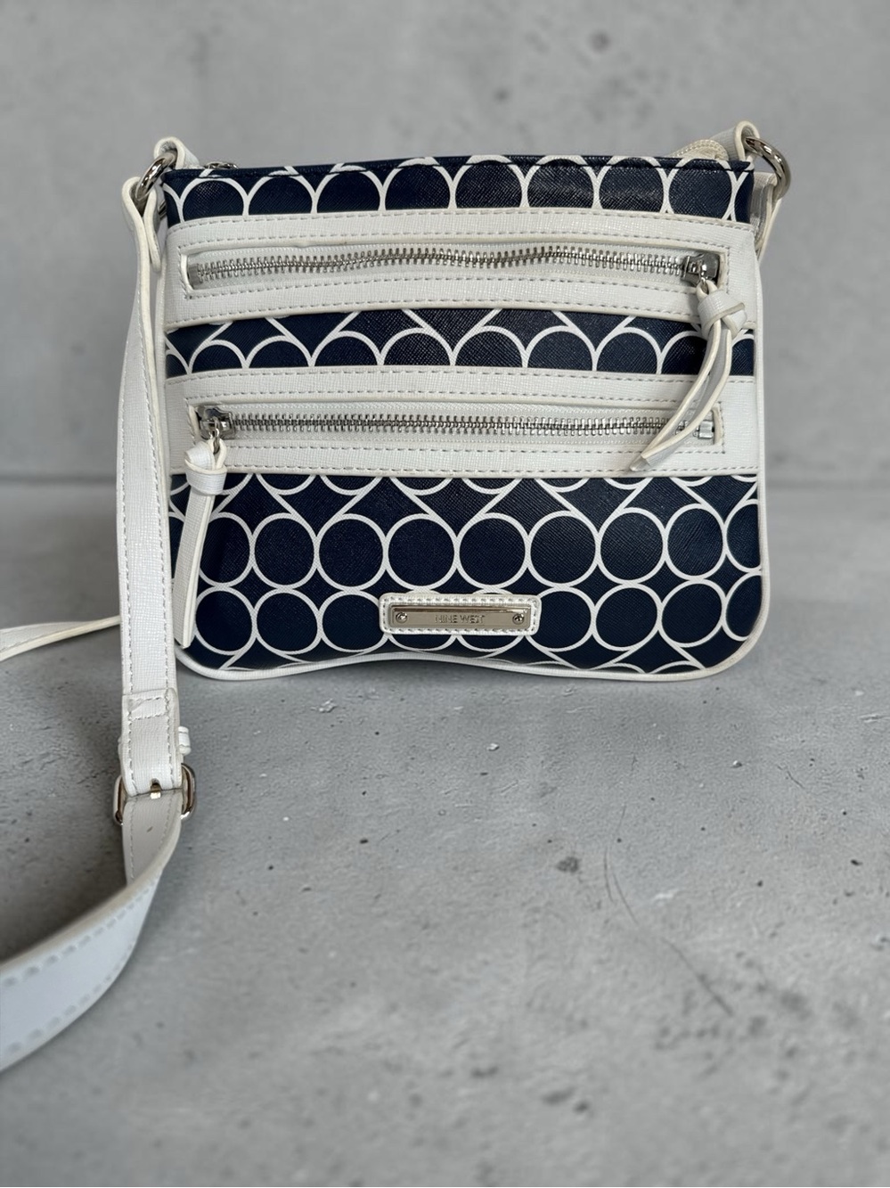 Nine West Navy and White Circle-Print Crossbody Handbag Geometric